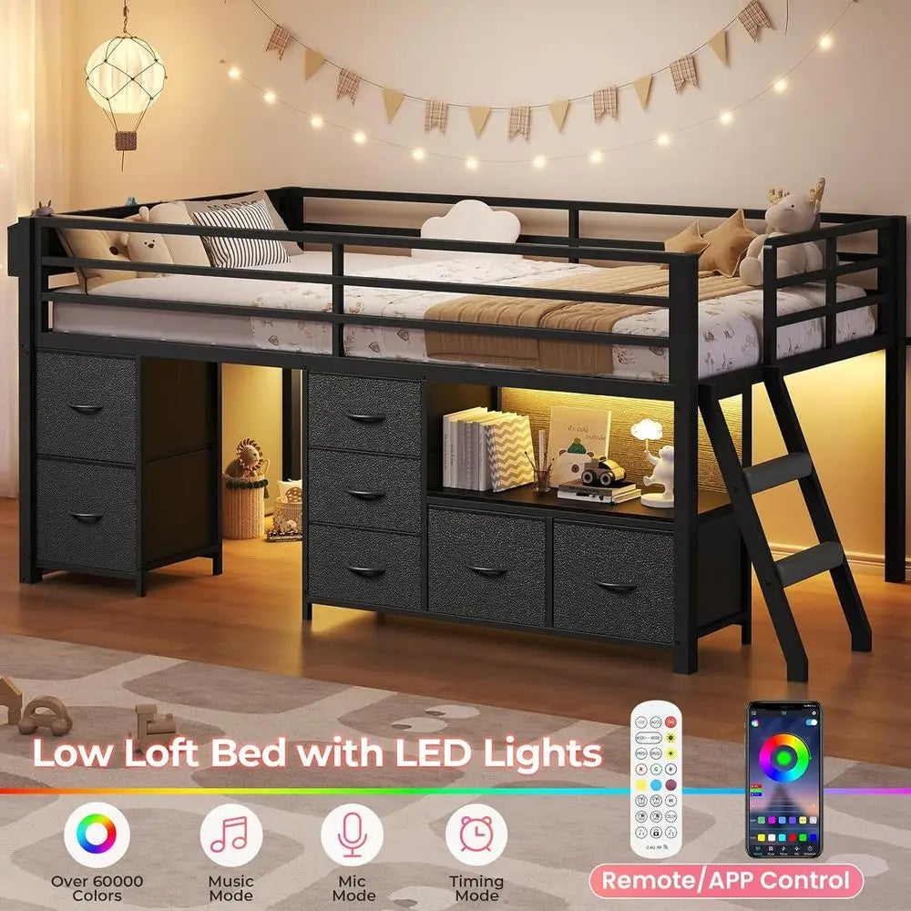LISM Low Loft Bed With Storage Drawers Bookcase LED Lights