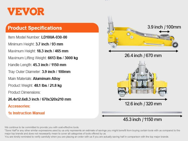 SucceBuy Aluminum Floor Jack Hydraulic Car Jack With Quick Lift