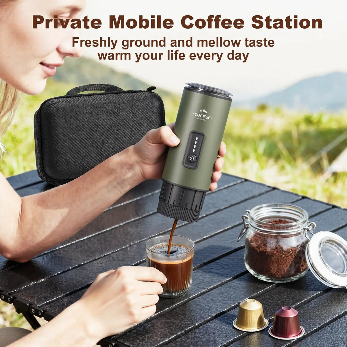 Portable Self Heating Espresso Maker for Coffee Grounds and Pods