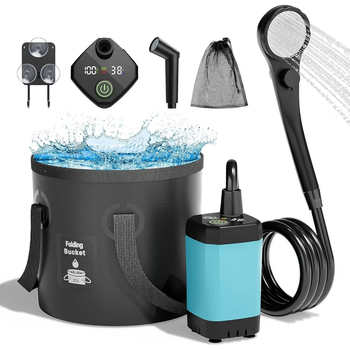 MORIKO Rechargeable Camping Shower With Collapsible Bucket