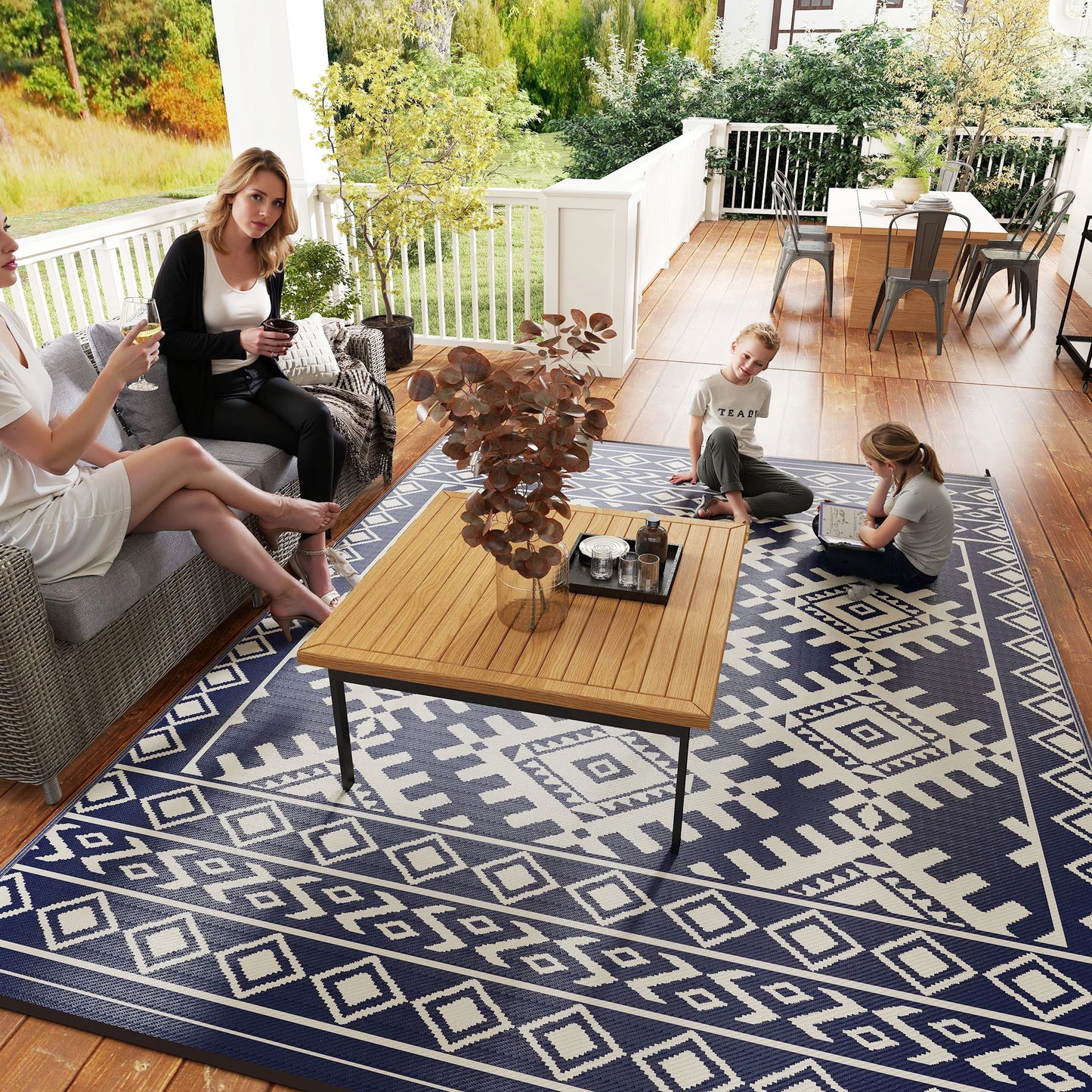 Outdoor Rug Geometric Rhombus Border Polypropylene