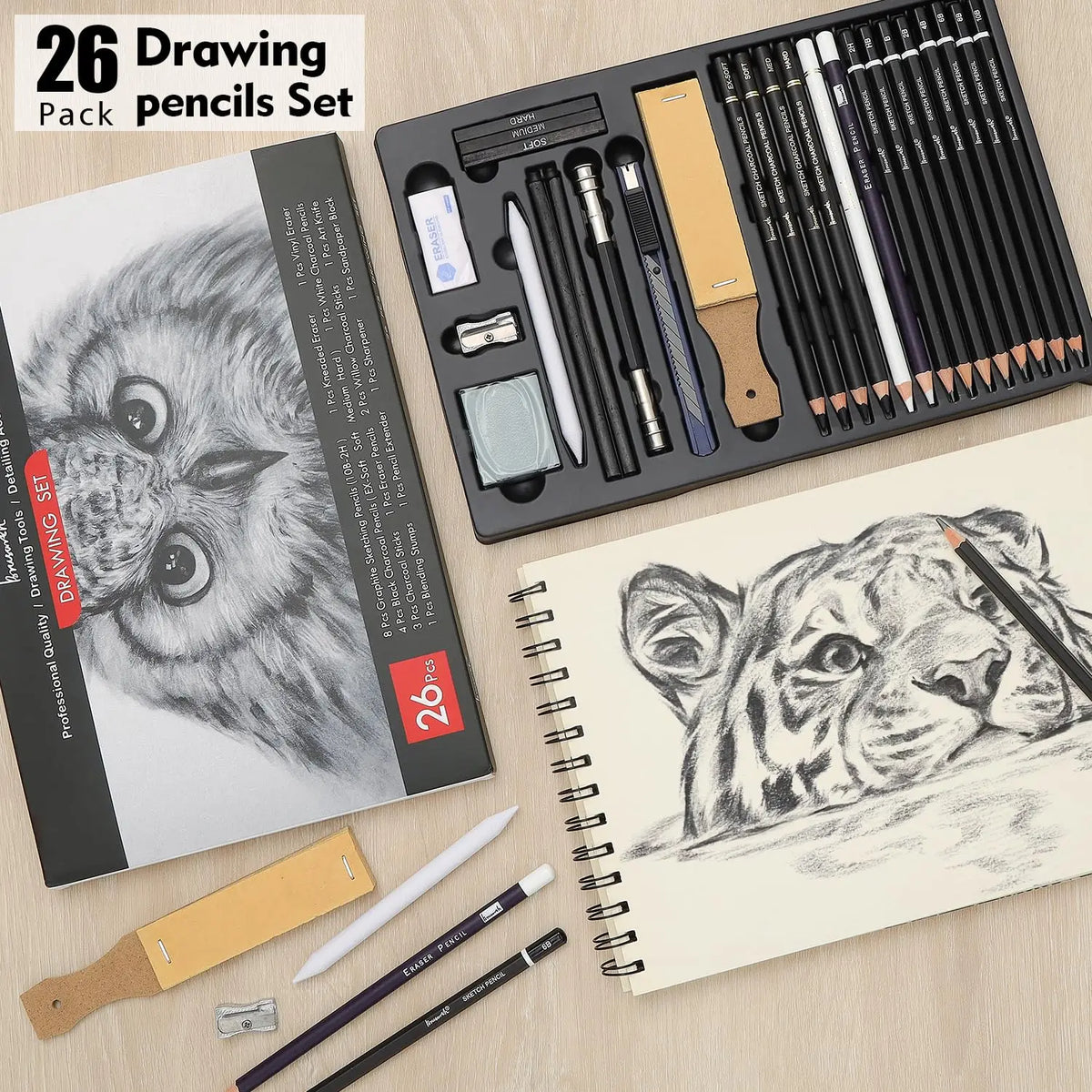 Professional Charcoal Pencils 26 Piece Drawing Sketching Set With Blending Tools