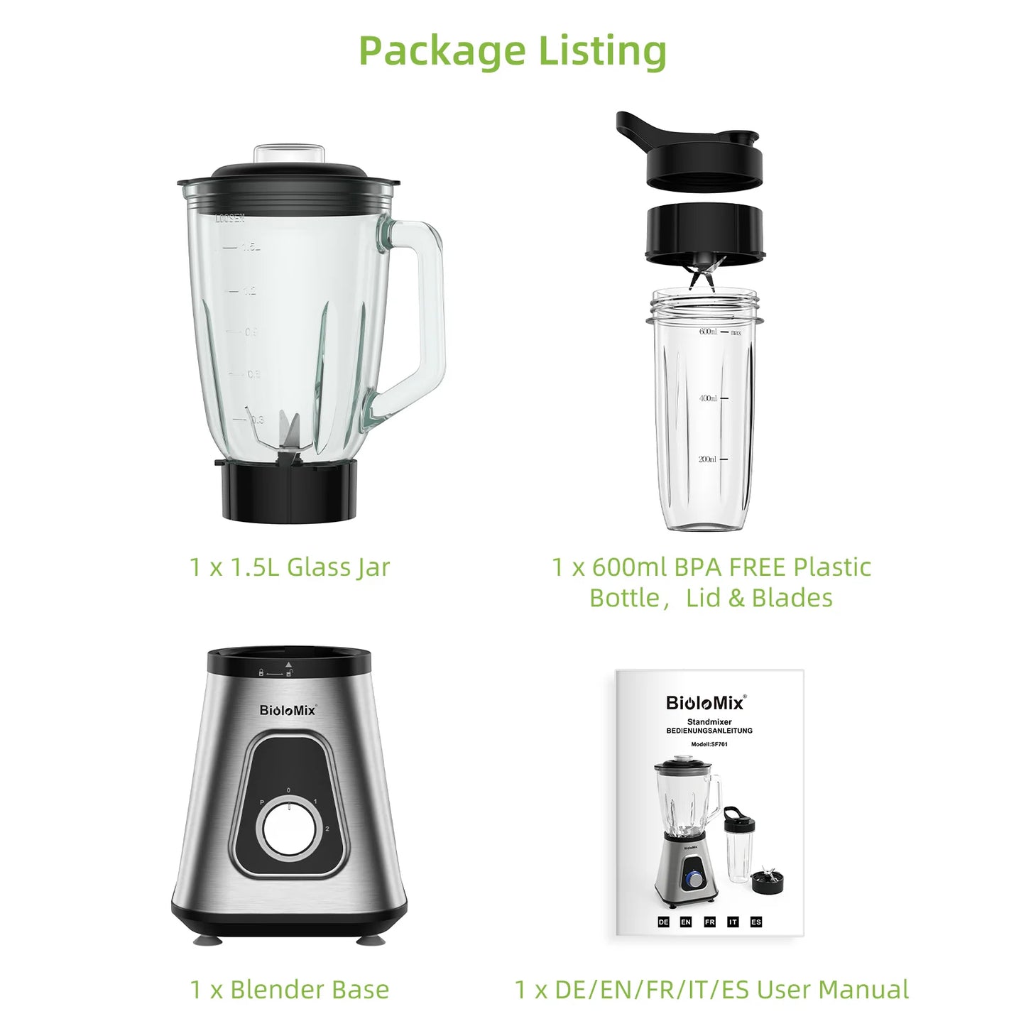 Biolomix 1300W Smoothie Blender With 1.5L Glass Jar