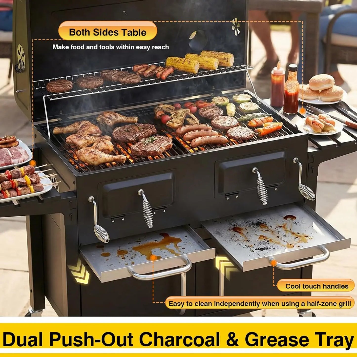 Charcoal BBQ Grill And Smoker With Dual Liftable Trays For Outdoor Backyard