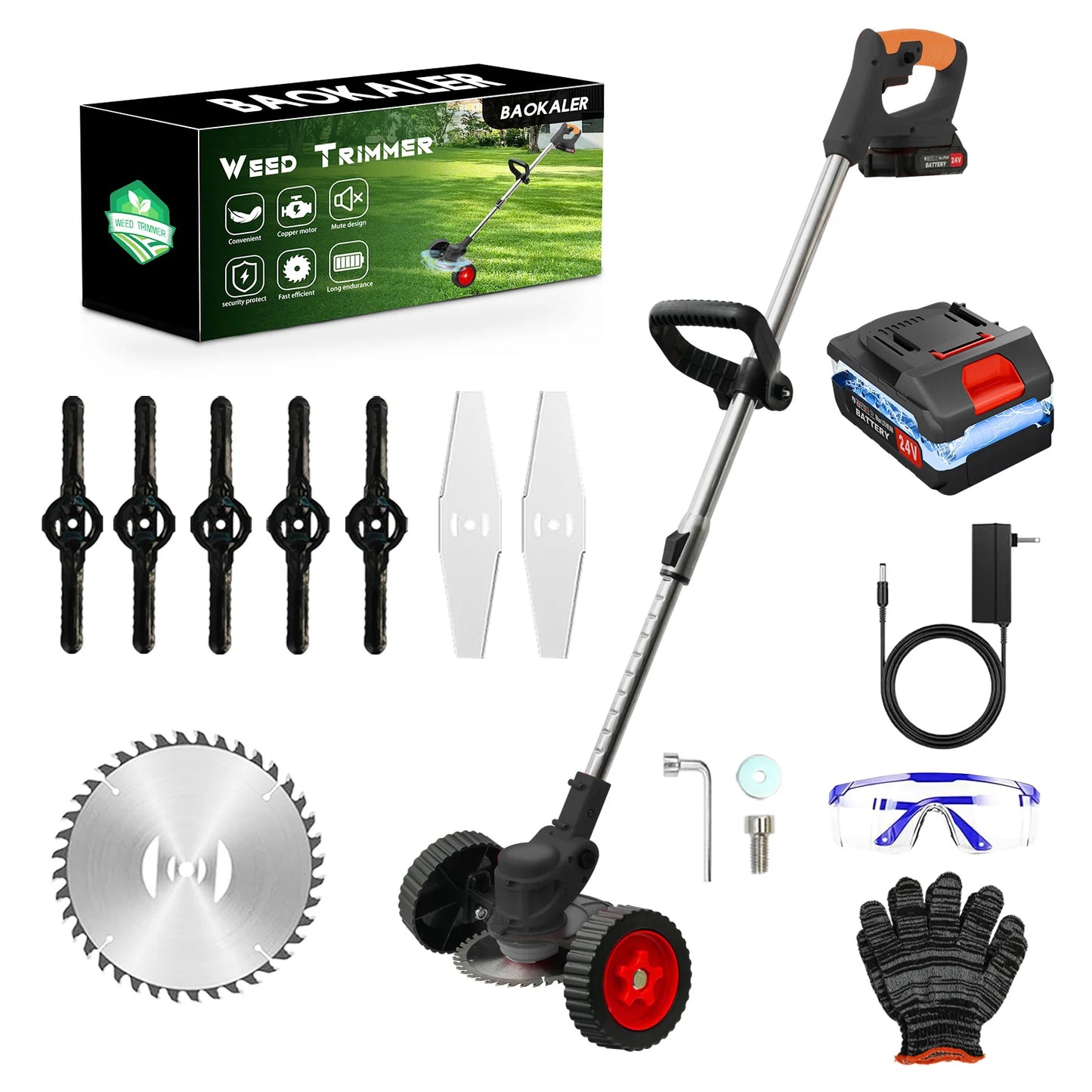 3-in-1 Cordless Grass Trimmer with Wheels Electric Edger Trimmer Portable Lawn Mowe 24V 2 Battery Powered Lawn Garden Tool
