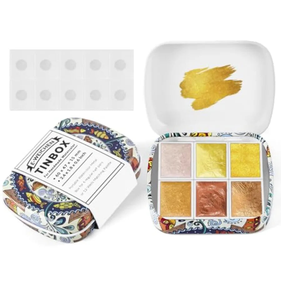 Art Supplies Handmade Watercolor Paint Set - 6 Metallic Gold Colors Half Pans Glitter Solid Water Color- Metal Case Sparkle Pea