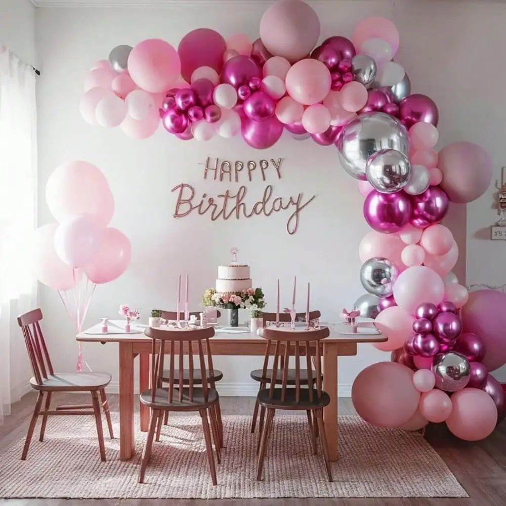 114pcs Pink Silver Balloon Garland Arch Kit, Light Pink Hot Pink Metallic Silver Latex Balloons, for Girls Birthday Princess Party Baby Shower Bridal Shower Wedding Photo Backdrop Decor Supplies