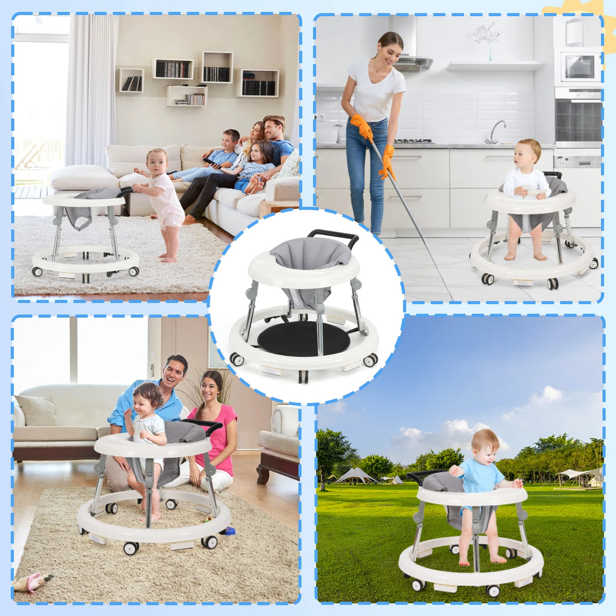 Foldable Baby Walker With Adjustable Height And Activity Tray