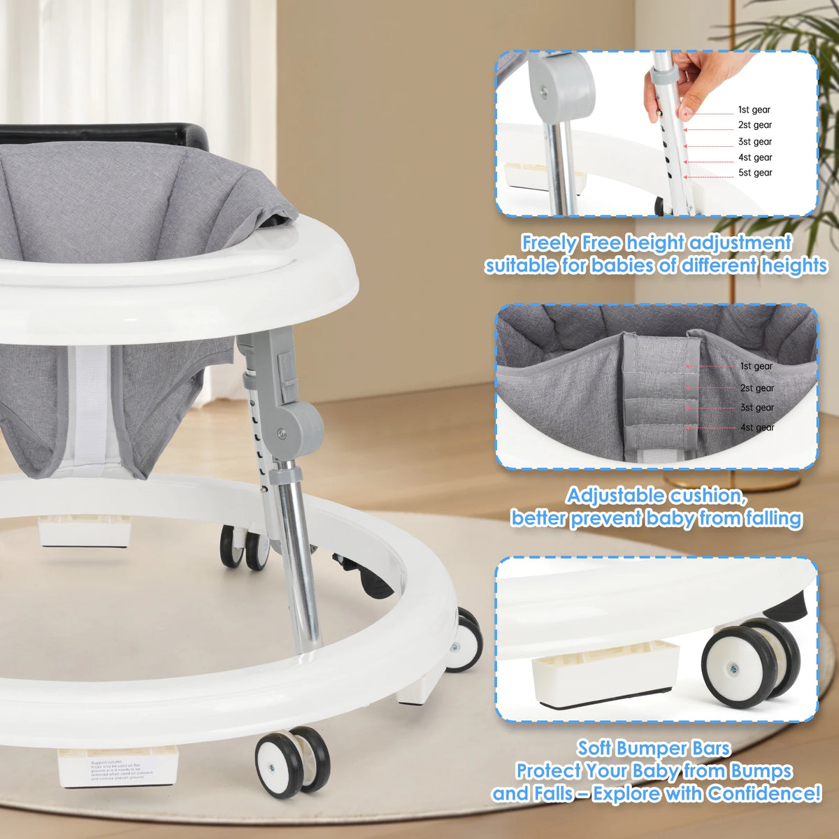Foldable Baby Walker With Adjustable Height And Activity Tray