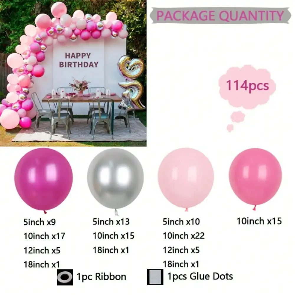 114pcs Pink Silver Balloon Garland Arch Kit, Light Pink Hot Pink Metallic Silver Latex Balloons, for Girls Birthday Princess Party Baby Shower Bridal Shower Wedding Photo Backdrop Decor Supplies