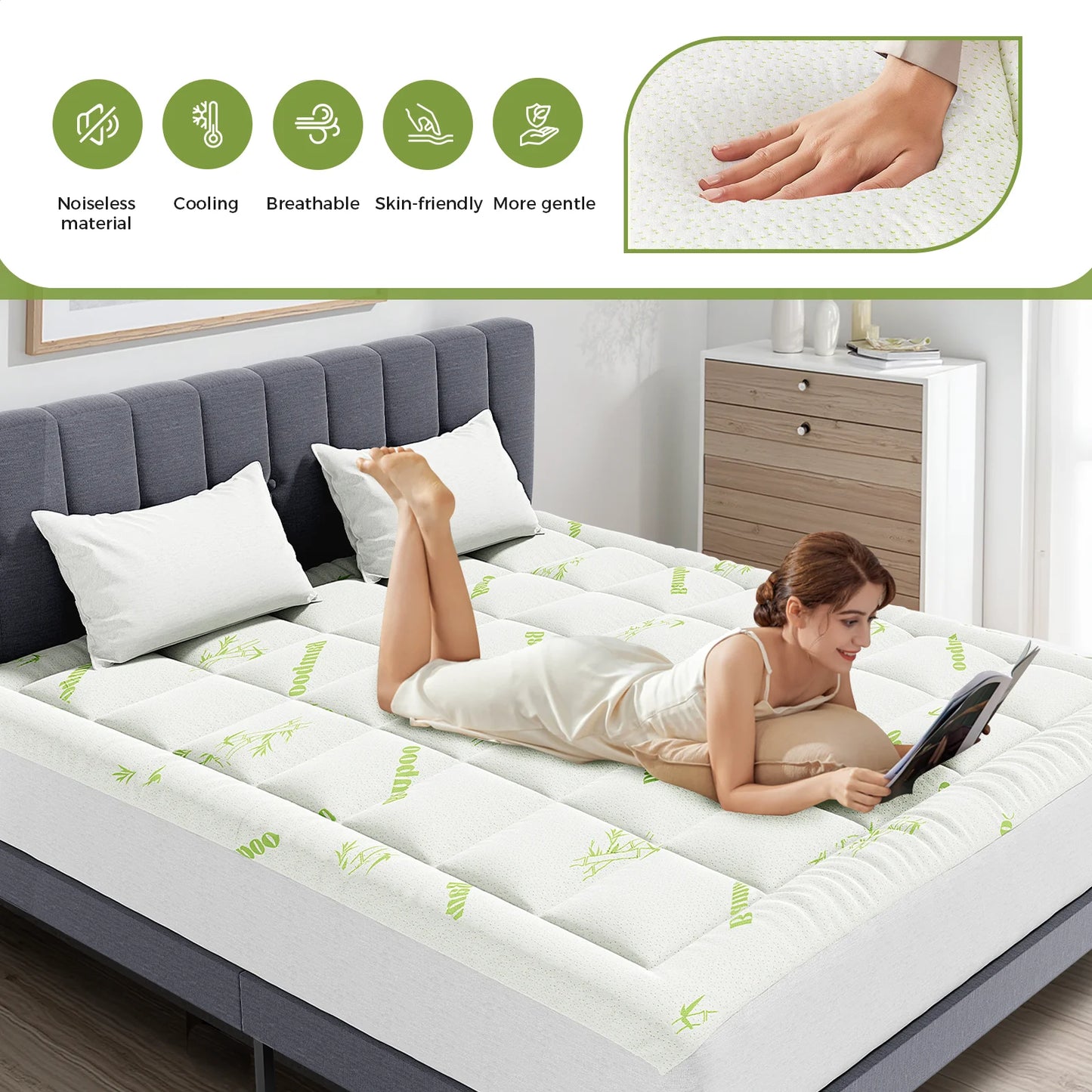 JHK Bamboo Fiber Mattress Topper Deep Pockets 400g Thick Breathable