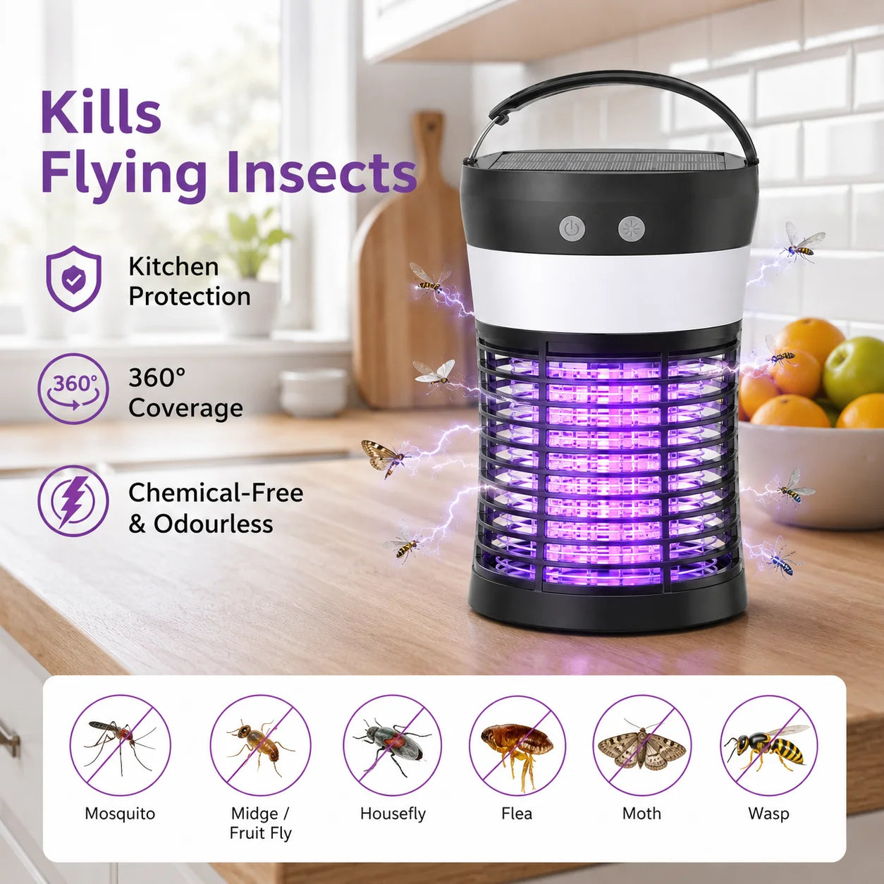 Bug Zapper Solar Mosquito Killer 3000V Rechargeable Indoor Outdoor