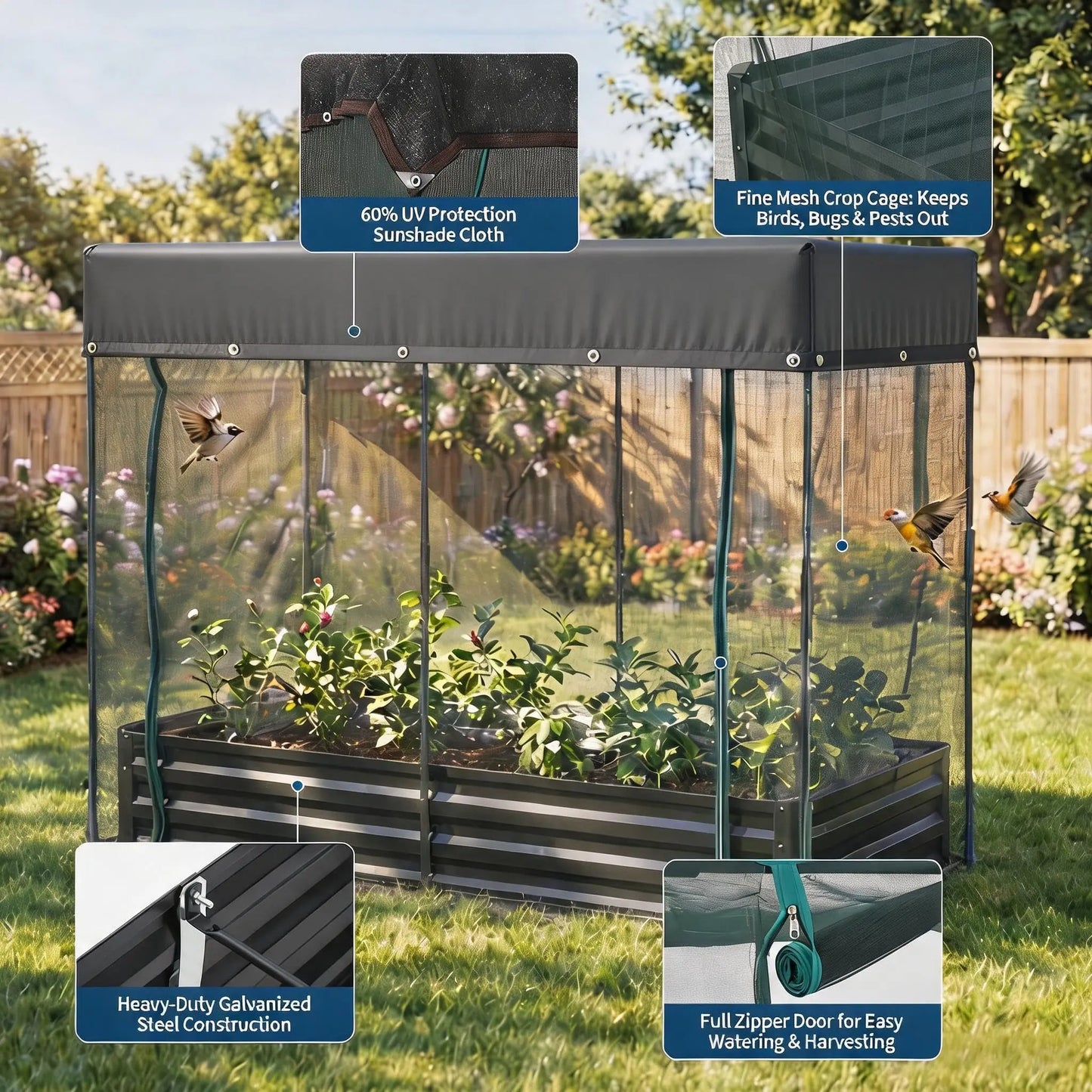 Galvanized Raised Garden Bed With Self Watering Mesh Cover