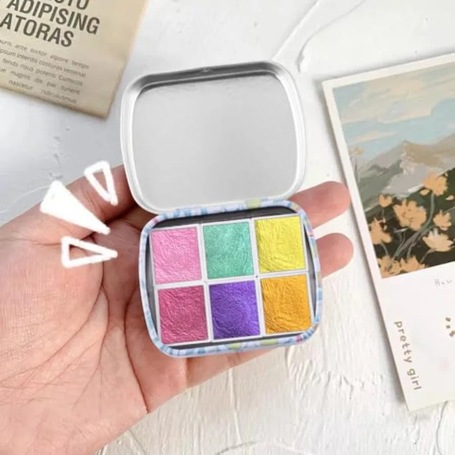 Art Supplies Handmade Watercolor Paint Set - 6 Metallic Gold Colors Half Pans Glitter Solid Water Color- Metal Case Sparkle Pea