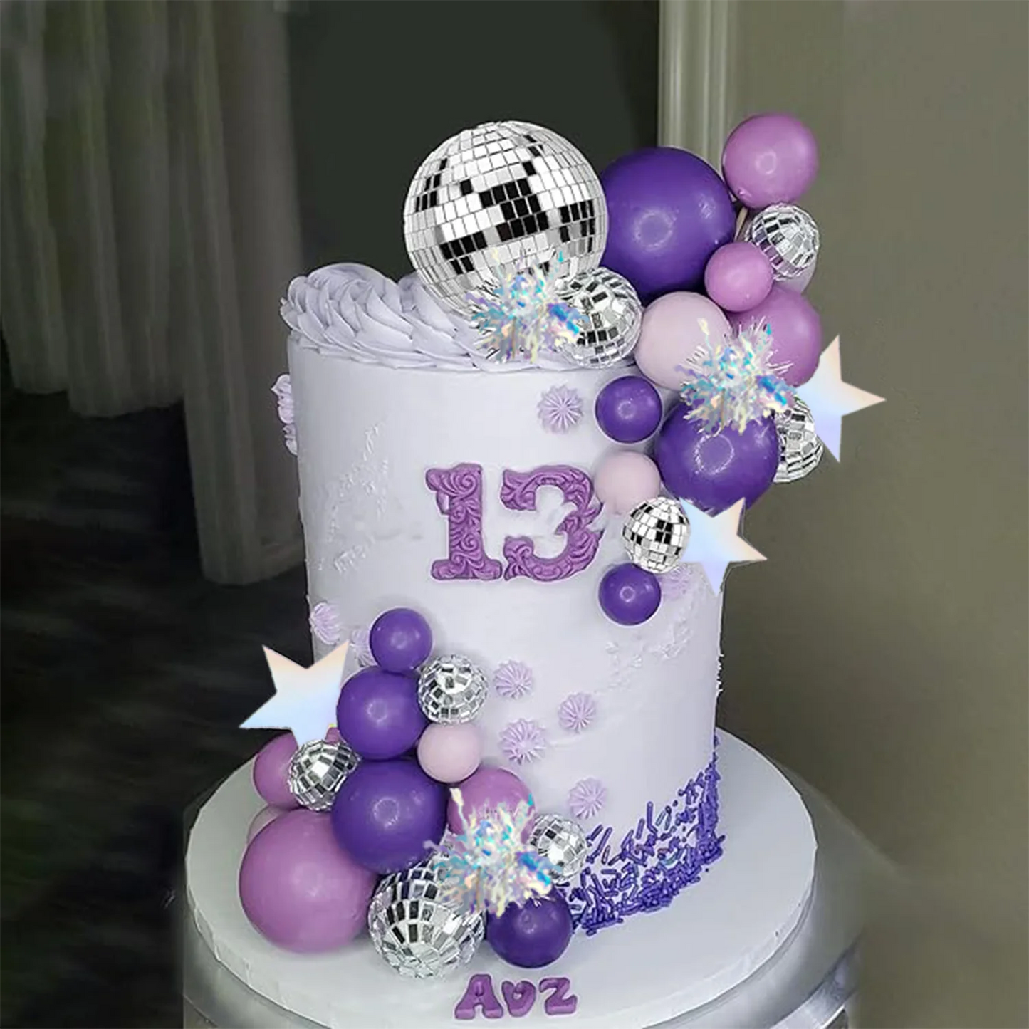Purple Disco Ball Mirror Balls Cake Decorations with Silver Stars Cake Topper for Disco Dance Party Saturday Night Supplies