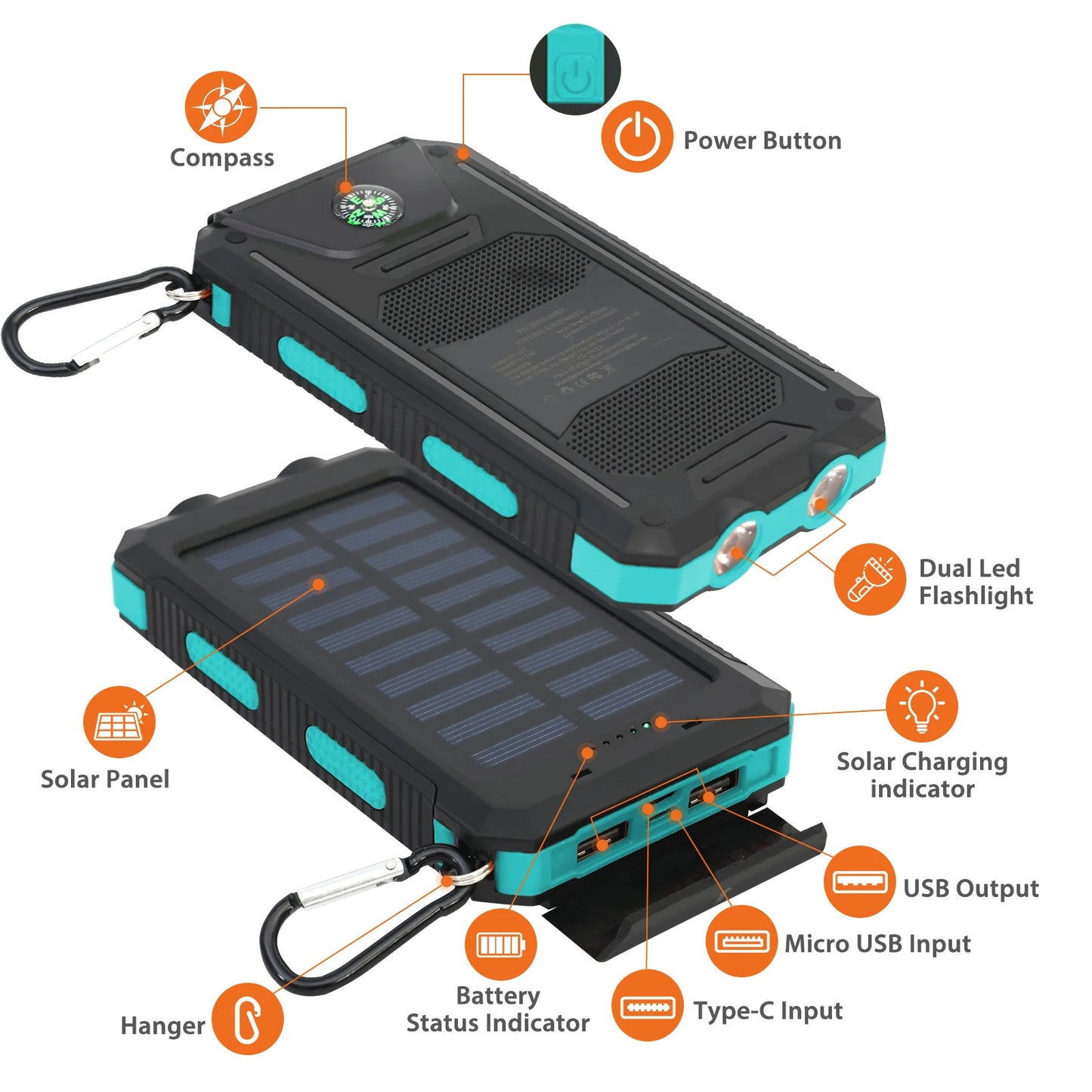 20000mAh Solar Charger Waterproof Power Bank With Dual USB Ports LED Flashlight