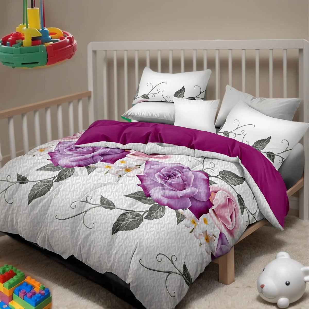 Quilted Microfiber Bedspread With Rose Print Sheer Curtain Set