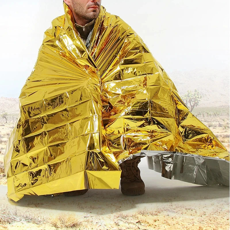 Emergency Thermal Poncho Blanket Water Resistant Windproof Sunshade For Camping