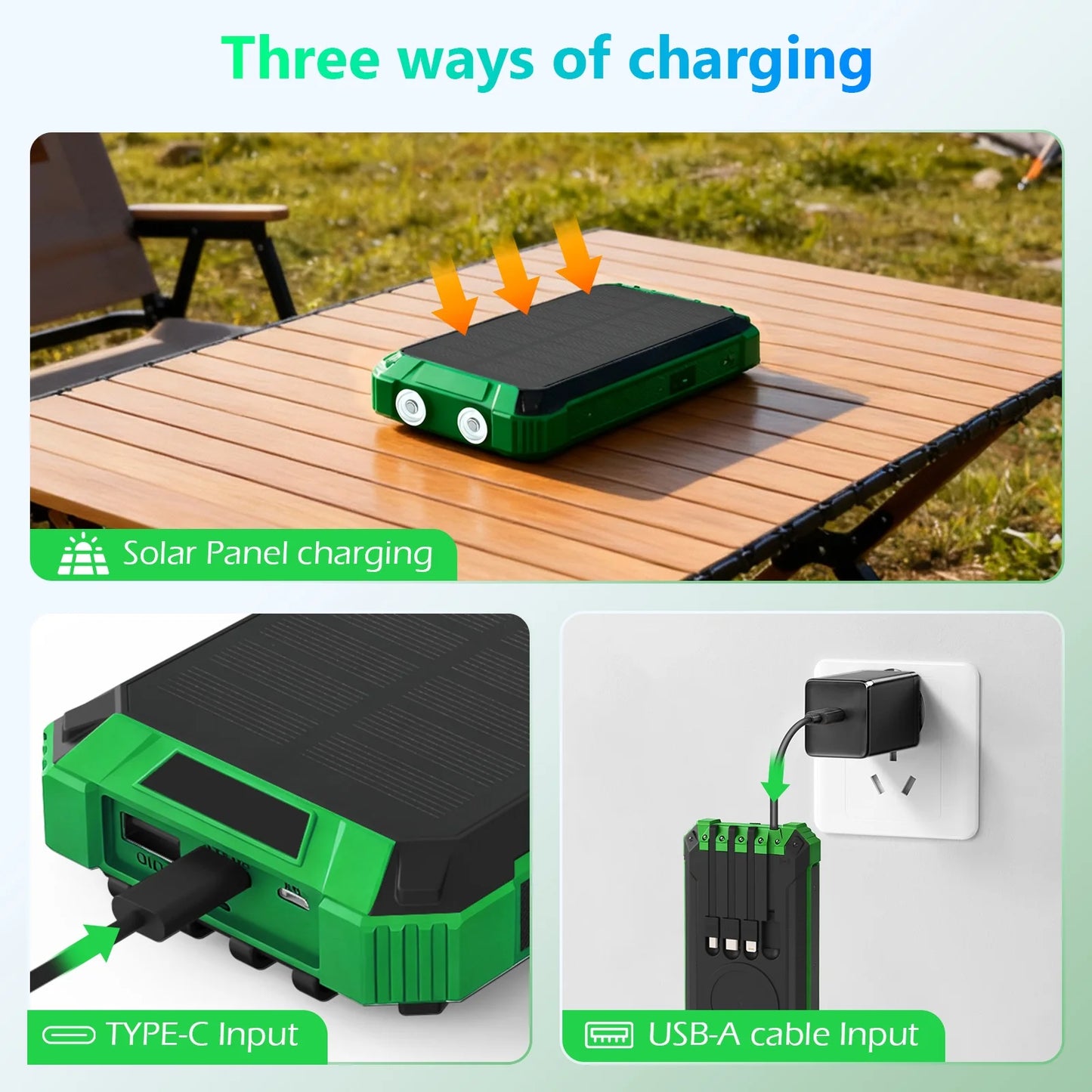 20000mAh Portable Solar Power Bank With Wireless Charging 18W Dual LED Lights