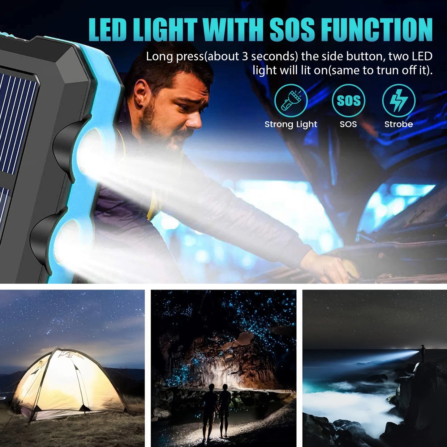 10000mAh Solar Power Bank Waterproof Outdoor Dual USB Ports