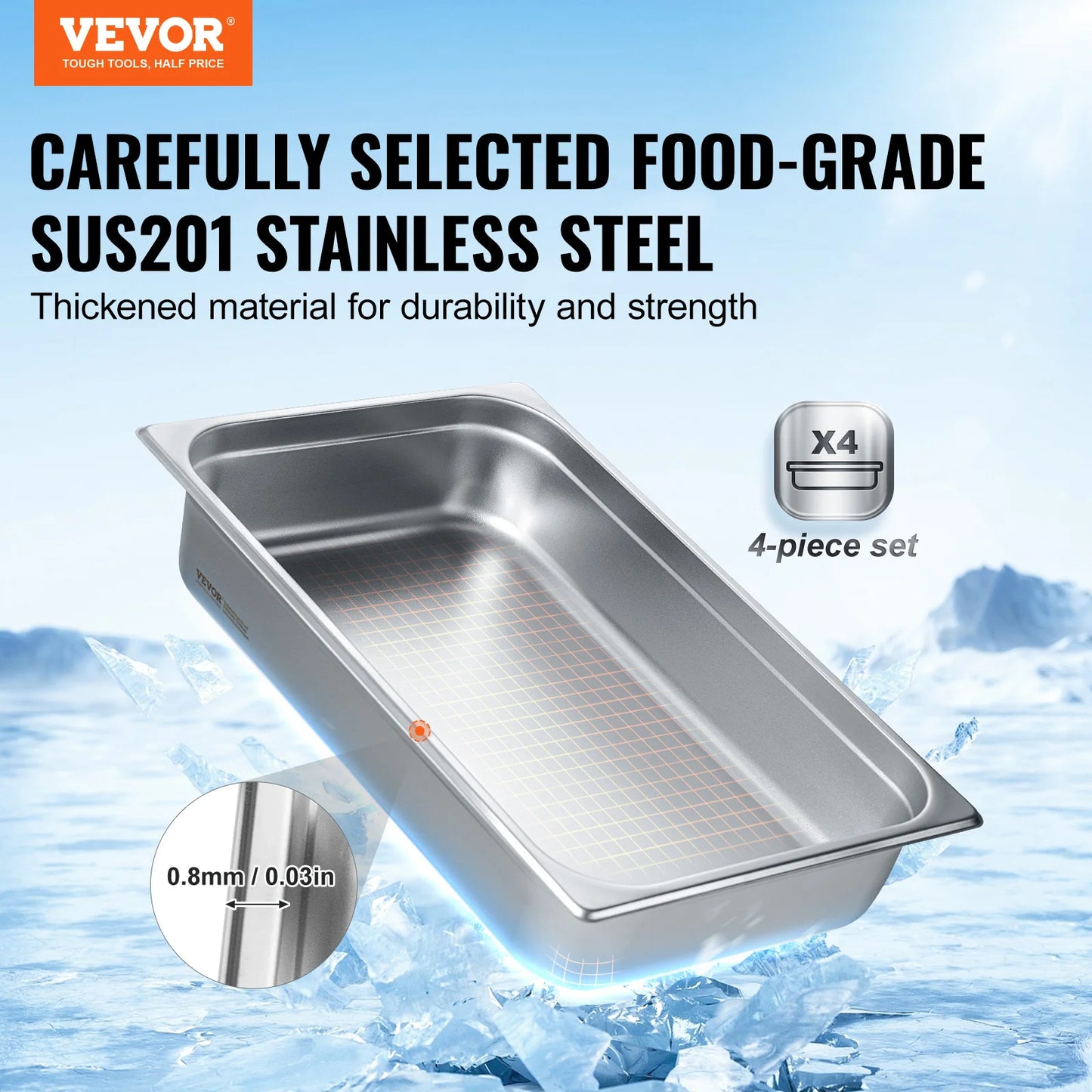 SucceBuy 4 Pack Stainless Steel Hotel Pans With Lid Steam Table Pan