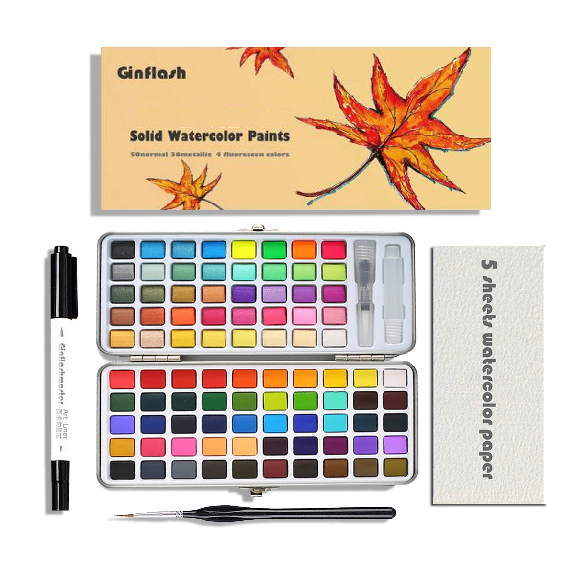 50/90 Color Solid Watercolor Paint Set Glitter Portable Metal Box Watercolor Pigment squirrel hair brush nail art