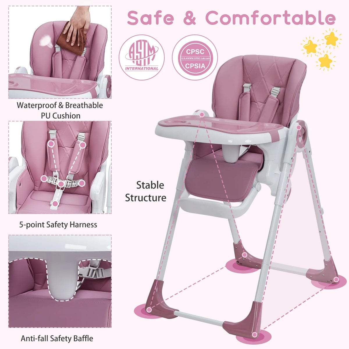 Adjustable Height And Recline Foldable Multifunctional Baby High Chair