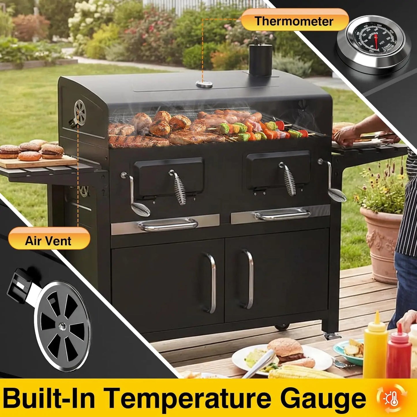 Charcoal BBQ Grill And Smoker With Dual Liftable Trays For Outdoor Backyard