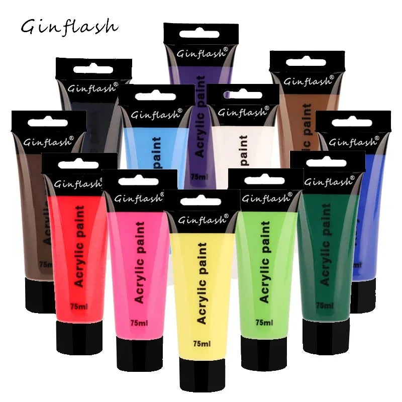 Ginflash 75M12/24colors 75ml/tube Acrylic Paints set Hand-painted wall painting textile paint colored waterproof