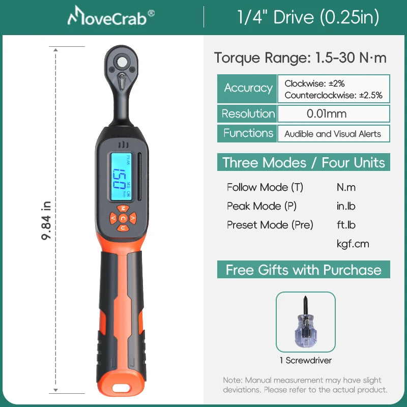 MOVECRAB Digital Torque Wrench 1-340N.m 2% Accuracy Preset & LED/Buzzer Alerts for Bike Motorcycles Automotive Mechanical Tool