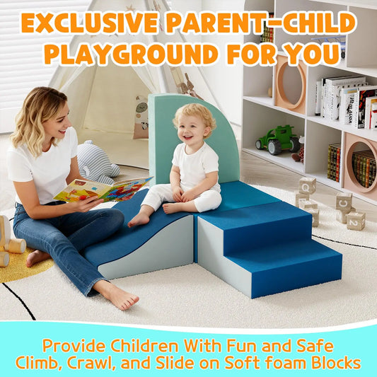 Photo-Ready Toddler Soft Foam Climbing Set 4-Piece Height Adjustable Indoor Active Play Blocks For Crawling Sliding Easy Clean