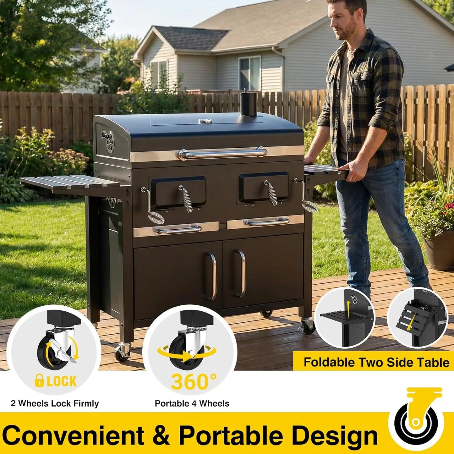 Charcoal BBQ Grill And Smoker With Dual Liftable Trays For Outdoor Backyard