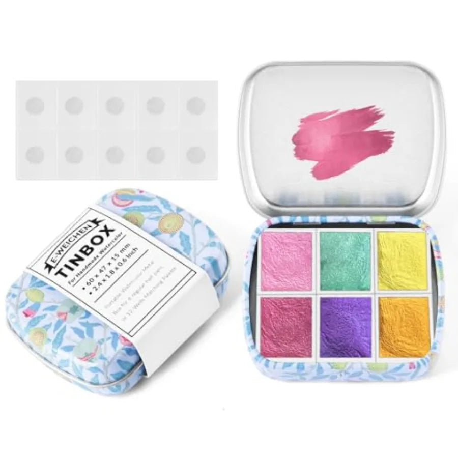 Art Supplies Handmade Watercolor Paint Set - 6 Metallic Gold Colors Half Pans Glitter Solid Water Color- Metal Case Sparkle Pea