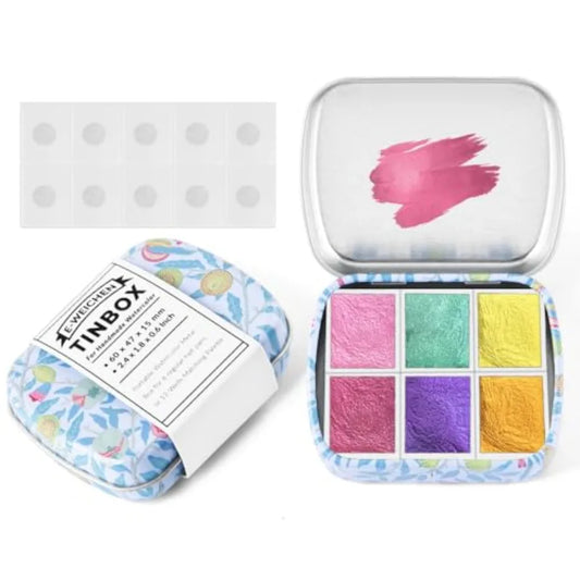 Art Supplies Handmade Watercolor Paint Set - 6 Metallic Gold Colors Half Pans Glitter Solid Water Color- Metal Case Sparkle Pea