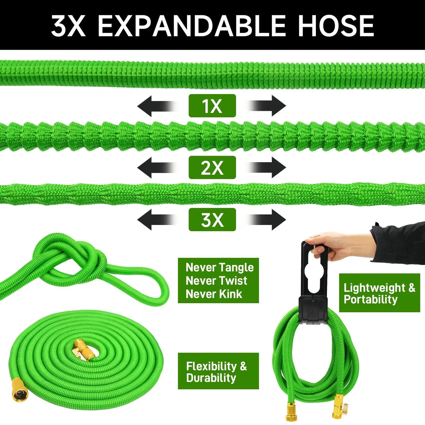 Expandable Garden Hose With Spray Nozzle And Holder