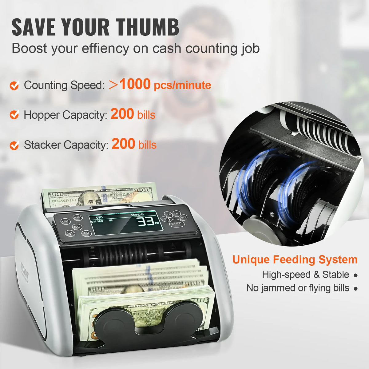 SucceBuy 1000 Pcs/Min Money Counter Business Cash Register Bill Counterfeit Bill Detector by UV/MG/IR/DD Function for Bank Store