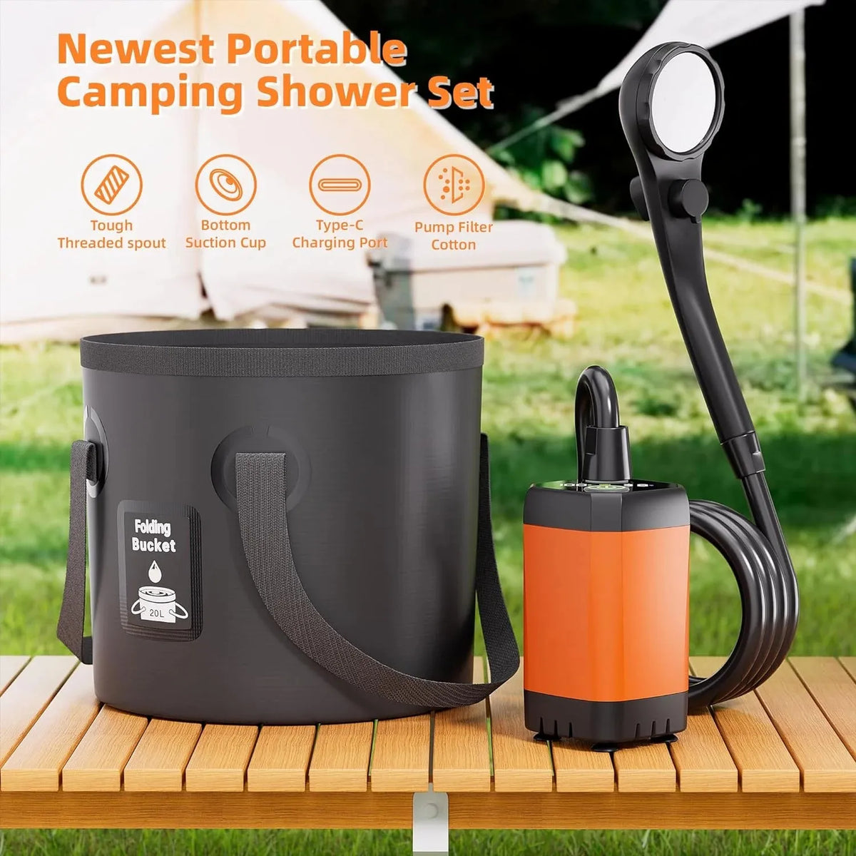 MORIKO Rechargeable Camping Shower With Collapsible Bucket