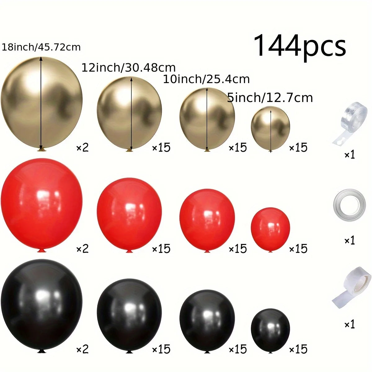 Black Gold Red Balloons Garland Arch Kit, 144Pcs Latex Balloons Different Sizes 18 12 10 5 Inch for Wedding Backdrop, Birthday, Bridal Shower, Graduation Party Decorations