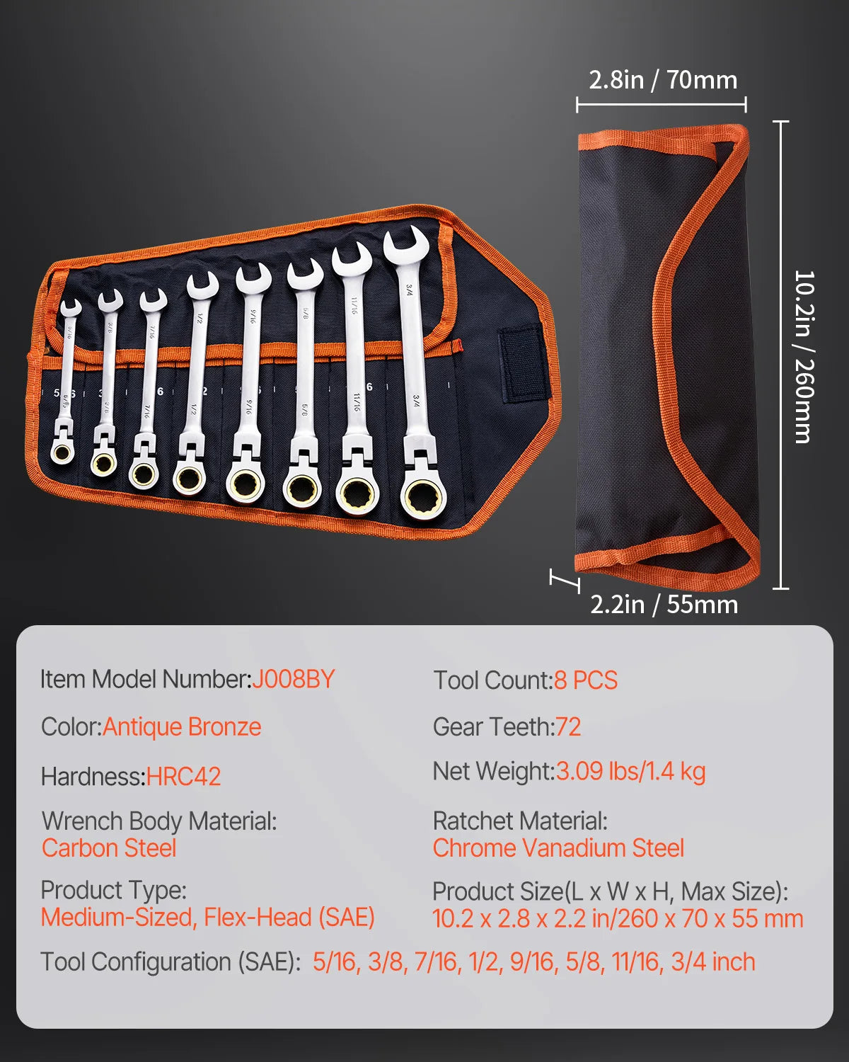 SucceBuy Flex Head Ratcheting Combination Wrench Set Roll Up Pouch