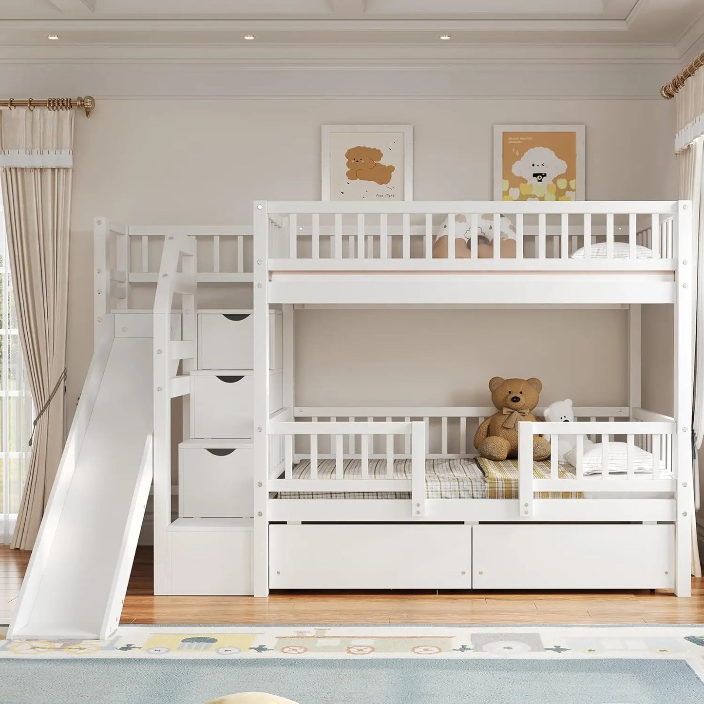 Bunk Bed With Slide Storage Drawers Staircase In Pine Wood