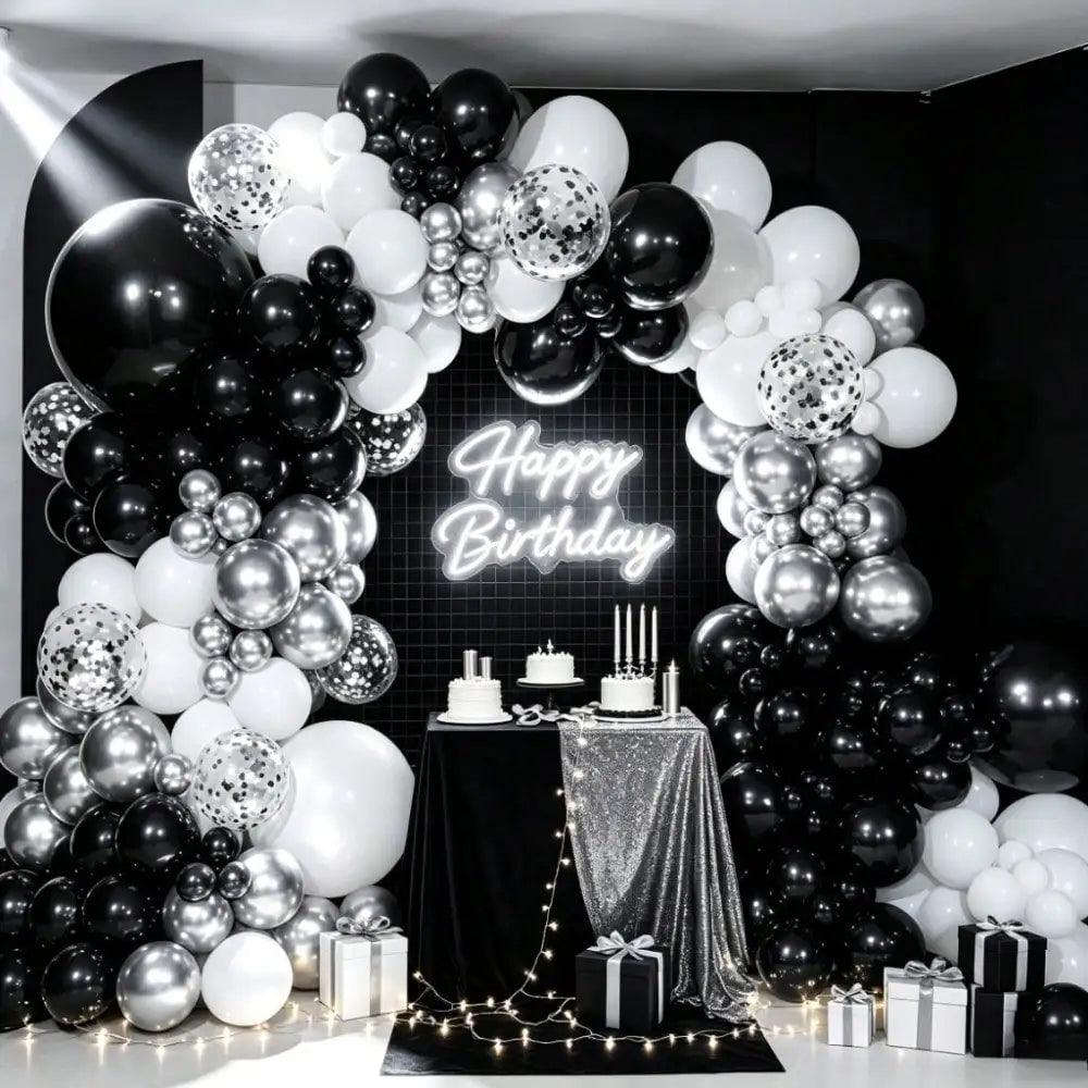 92pcs Black White Silver Balloon Garland Arch Kit, Metallic Silver Confetti Latex Balloons with Pump, for Birthday Wedding Graduation Baby Shower Party Photo Backdrop Decor Supplies