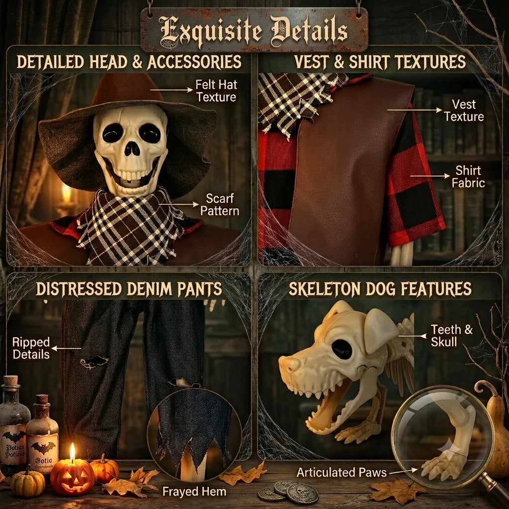 Posable Halloween Cowboy Skeleton With Plastic Dog Yard Decor Set