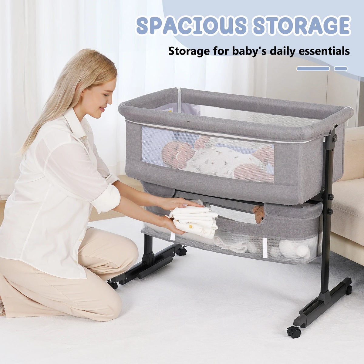 Multifunctional Baby Bedside Bassinet With Adjustable Folding Crib