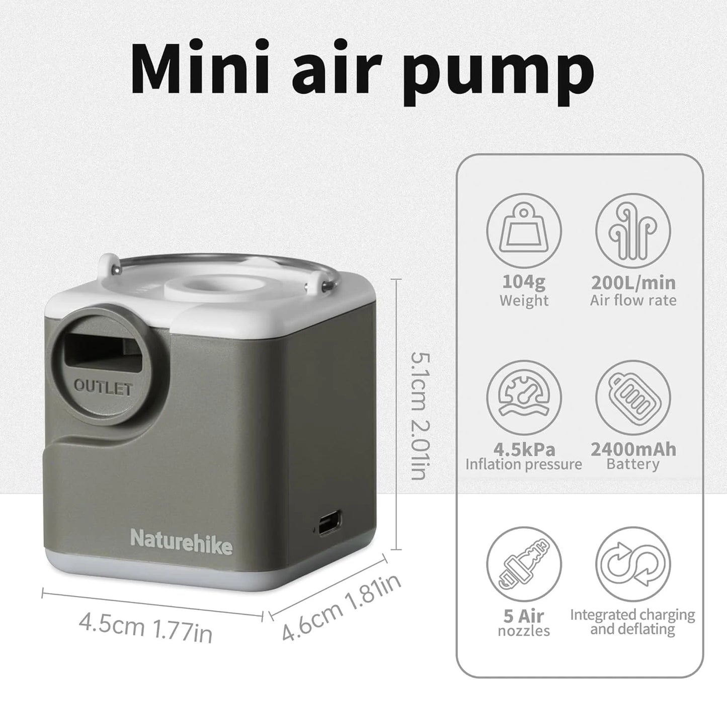Naturehike USB C Rechargeable Mini Air Pump With Light 2400mAh For Mattresses