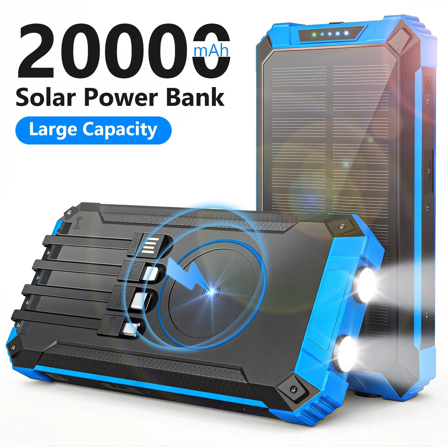 20000mAh Portable Solar Power Bank With Wireless Charging 18W Dual LED Lights