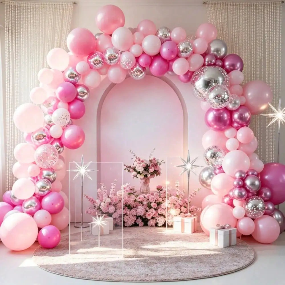 114pcs Pink Silver Balloon Garland Arch Kit, Light Pink Hot Pink Metallic Silver Latex Balloons, for Girls Birthday Princess Party Baby Shower Bridal Shower Wedding Photo Backdrop Decor Supplies