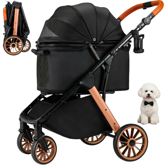 Foldable Pet Stroller For Medium Dogs With Adjustable Sun Shade