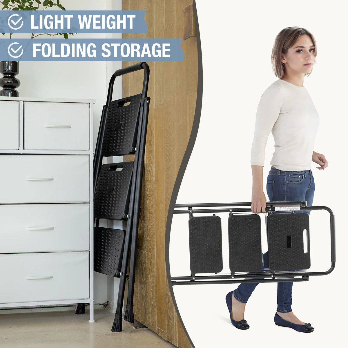 JHK Folding Steel Step Ladder Stool With Comfort Grip Handle