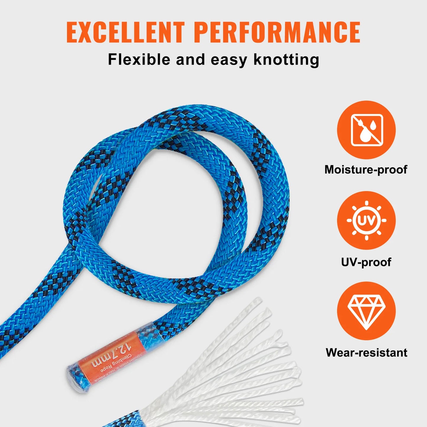 SucceBuy 12.7mm Static Climbing Rope 125-200ft Outdoor Rock Climbing Rope 30KN Breaking Tension Fiber Rope w/ Steel Snap Hook