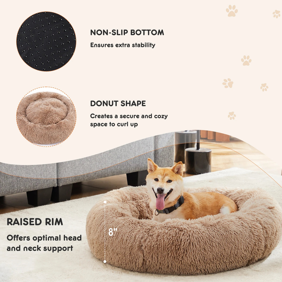 JHK Washable Calming Round Plush Faux Fur Pet Dog Bed